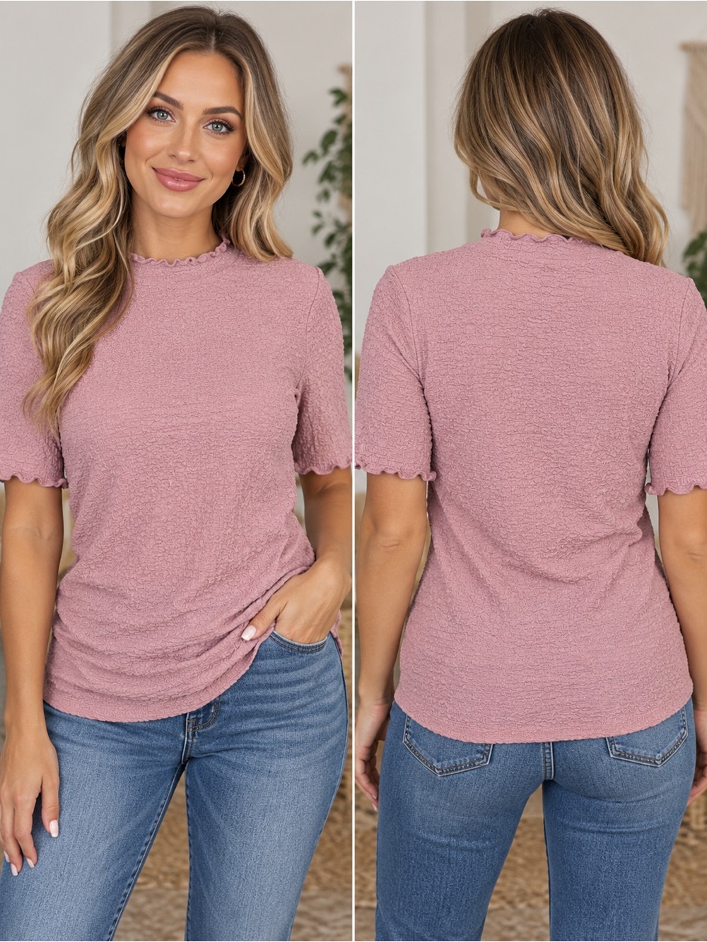 Target 🎯 Dusty Rose Textured Mock Neck Short Sleeve Top